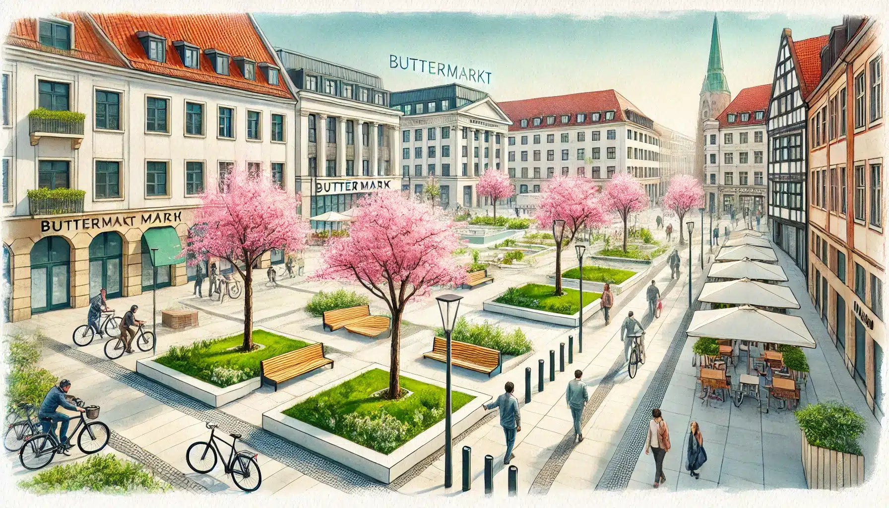 Zukunftsvision des Buttermarkts Elmshorn mit modernen Sitzbereichen und Begrünung