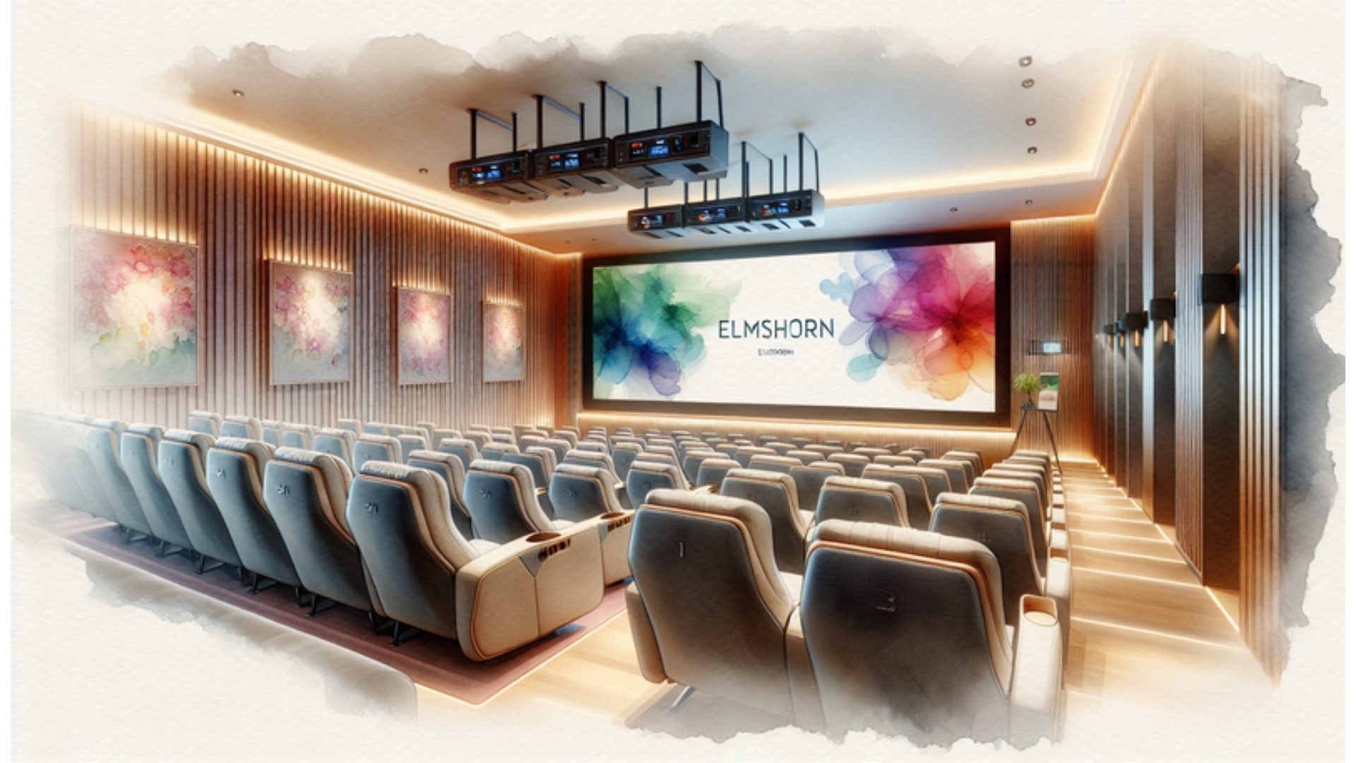 Innenansicht eines modern ausgestatteten Kinos in Elmshorn mit komfortablen Kinosesseln und fortschrittlicher Technologie wie 4K Projektor und Dolby Atmos Sound.