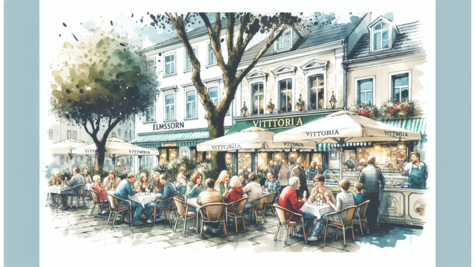 Belebte Außensitzplätze des Eiscafés Vittoria in Elmshorn, wo Menschen Eis im italienischen Flair genießen.