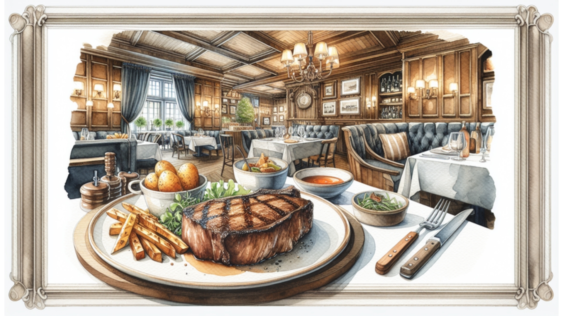 Ein gemütlicher Tisch im Elrado Steakhouse mit einem perfekt gegrillten Rib-Eye Steak, umgeben von Beilagen, in einem einladenden Ambiente – ideal für unvergessliche Steak-Erlebnisse.
