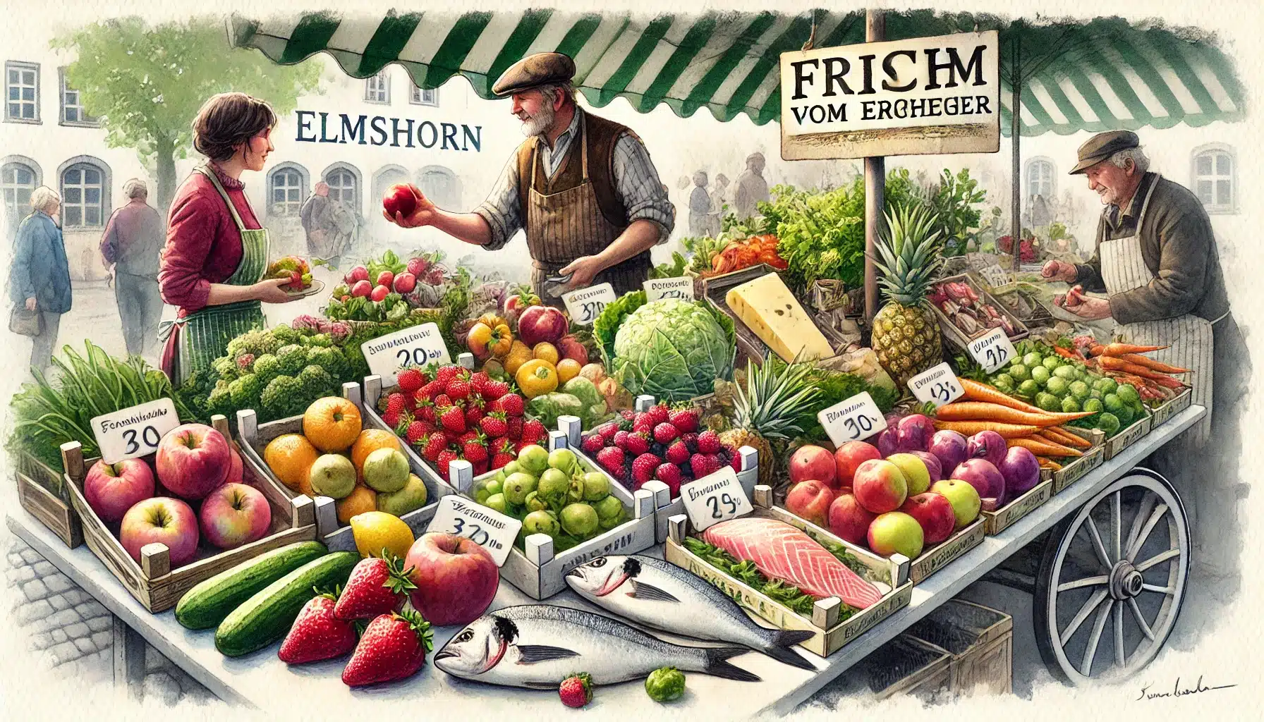 Frische regionale Produkte wie Obst, Gemüse und Käse auf dem Wochenmarkt Elmshorn.