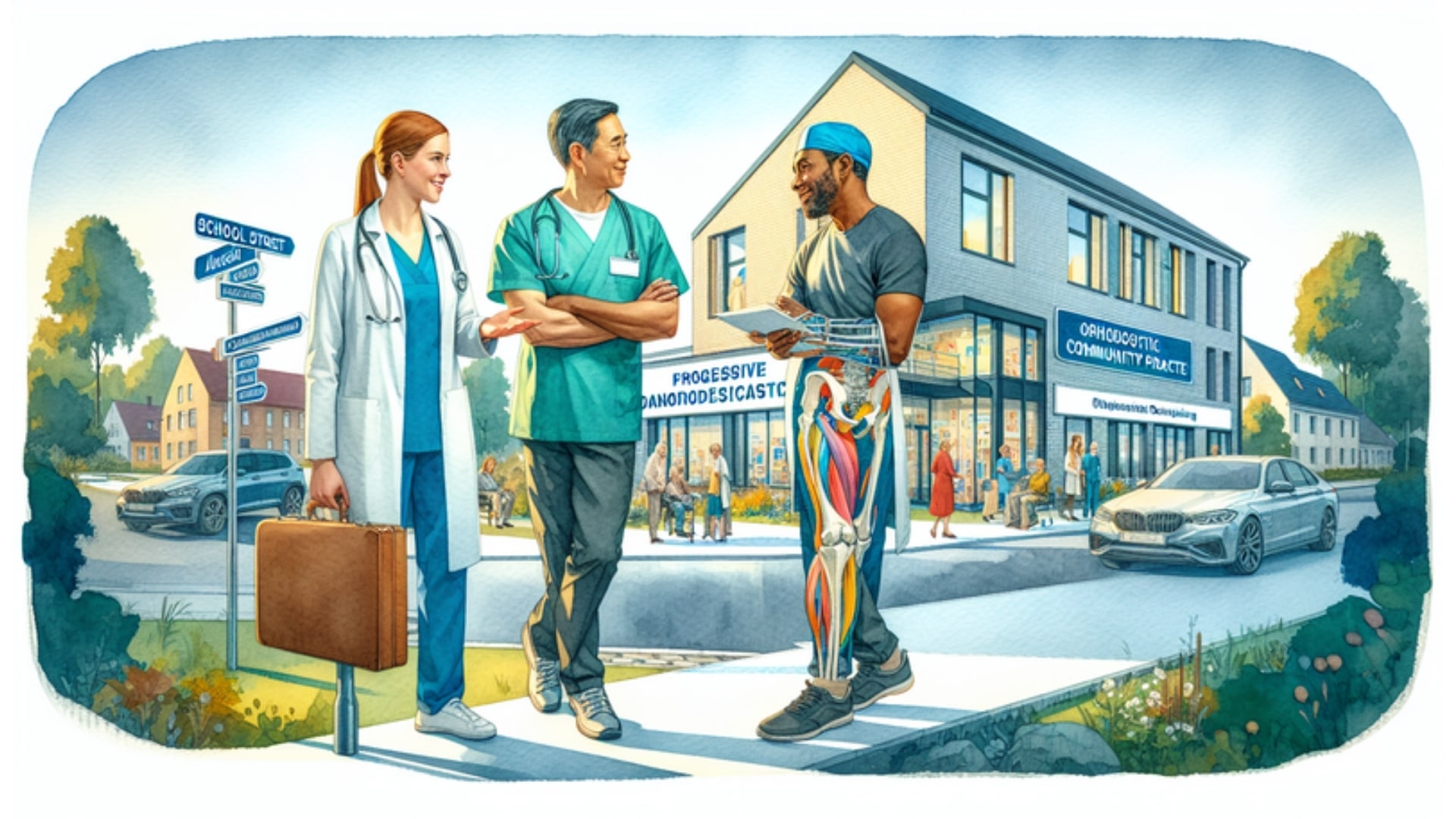 Aquarelliertes Bild einer modernen orthopädischen Praxis in Elmshorn mit Ärzten und Patient, symbolisierend fortschrittliche Diagnostik und Betreuung.