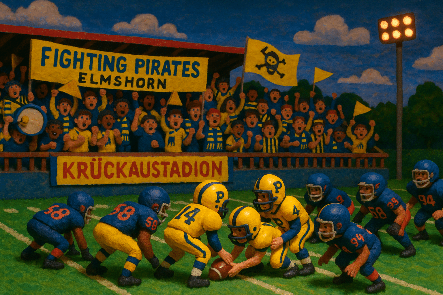 Heimspiel der Fighting Pirates Elmshorn im Krückaustadion mit stimmungsvoller Fantribüne und laufendem Spielzug