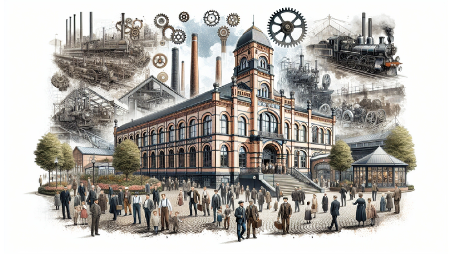 Historisches Panorama des Industriemuseums Elmshorn mit Besuchern und Symbolen der industriellen Revolution im Aquarellstil.