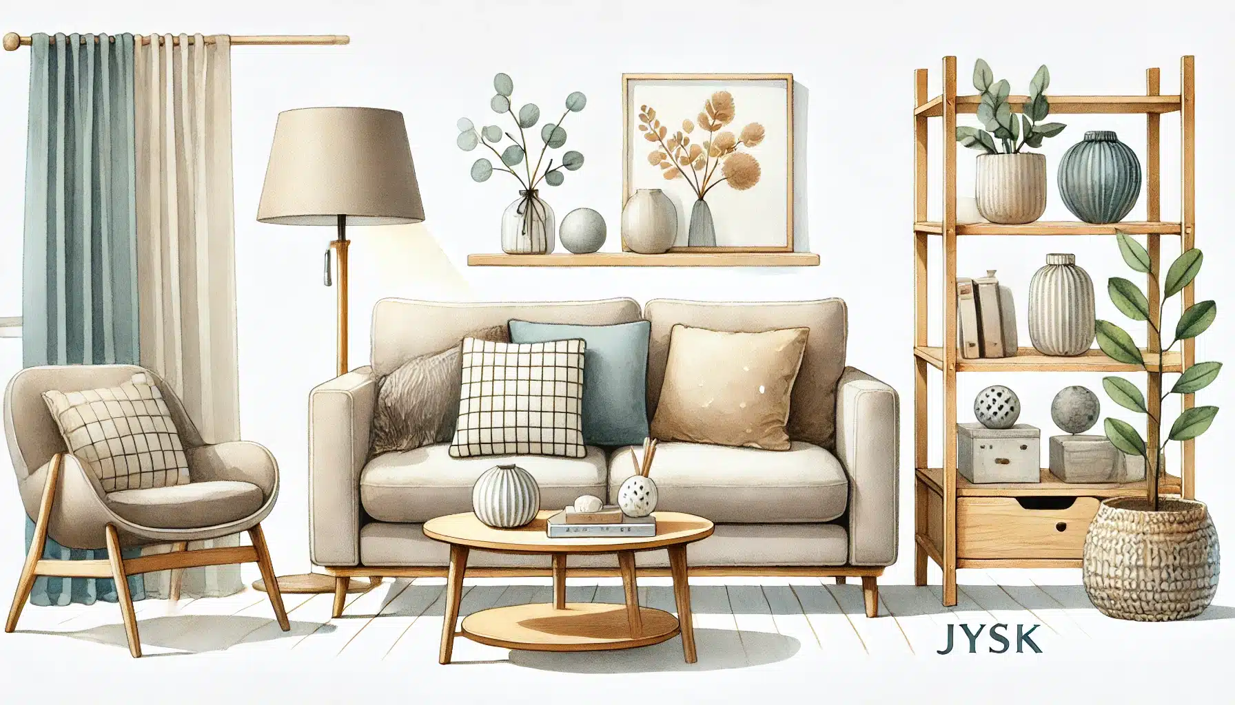 Skandinavisch inspiriertes Wohnzimmer mit JYSK-Möbeln und Wohnaccessoires.