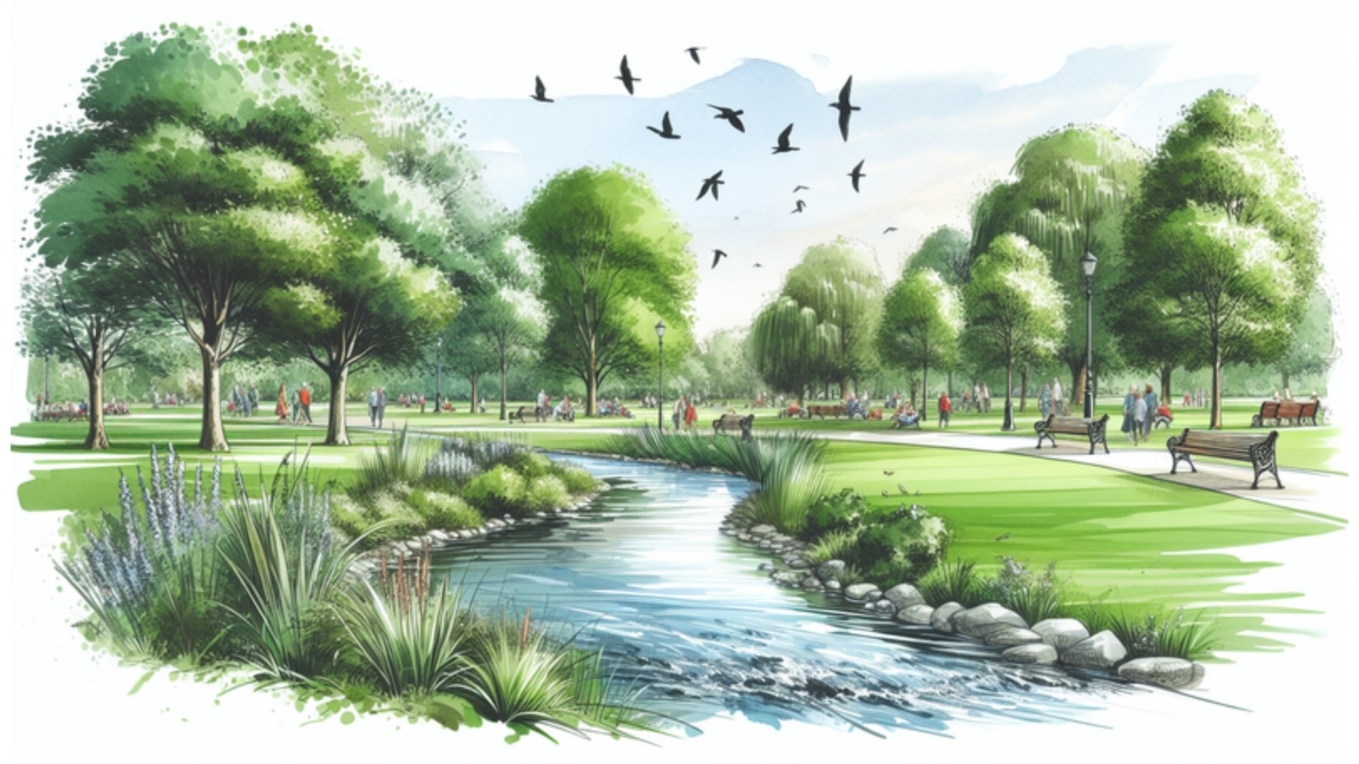 Aquarellbild des Krückauparks in Elmshorn, das die natürliche Schönheit und Freizeitmöglichkeiten am Flussufer zeigt, ideal für Familien und Naturfreunde.