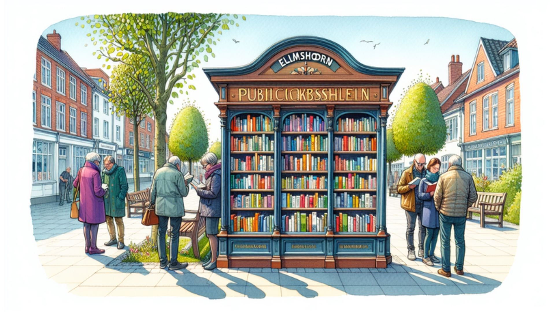 Illustration eines öffentlichen Bücherschranks in Elmshorn, umgeben von Menschen, die die Bücher erkunden, in Aquarellstil.