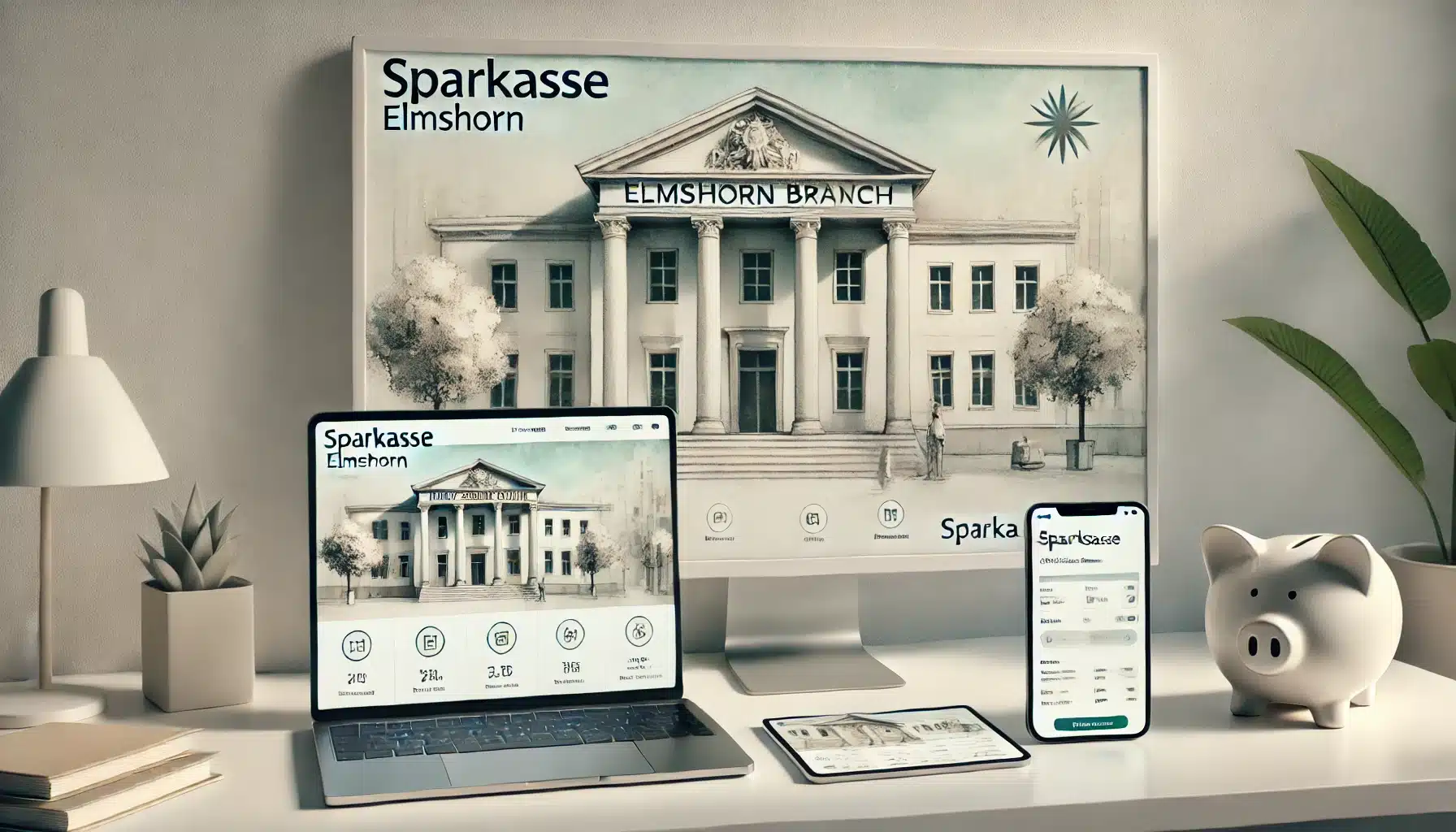Online-Banking-Dashboard der Sparkasse Elmshorn auf Laptop, Tablet und Smartphone.