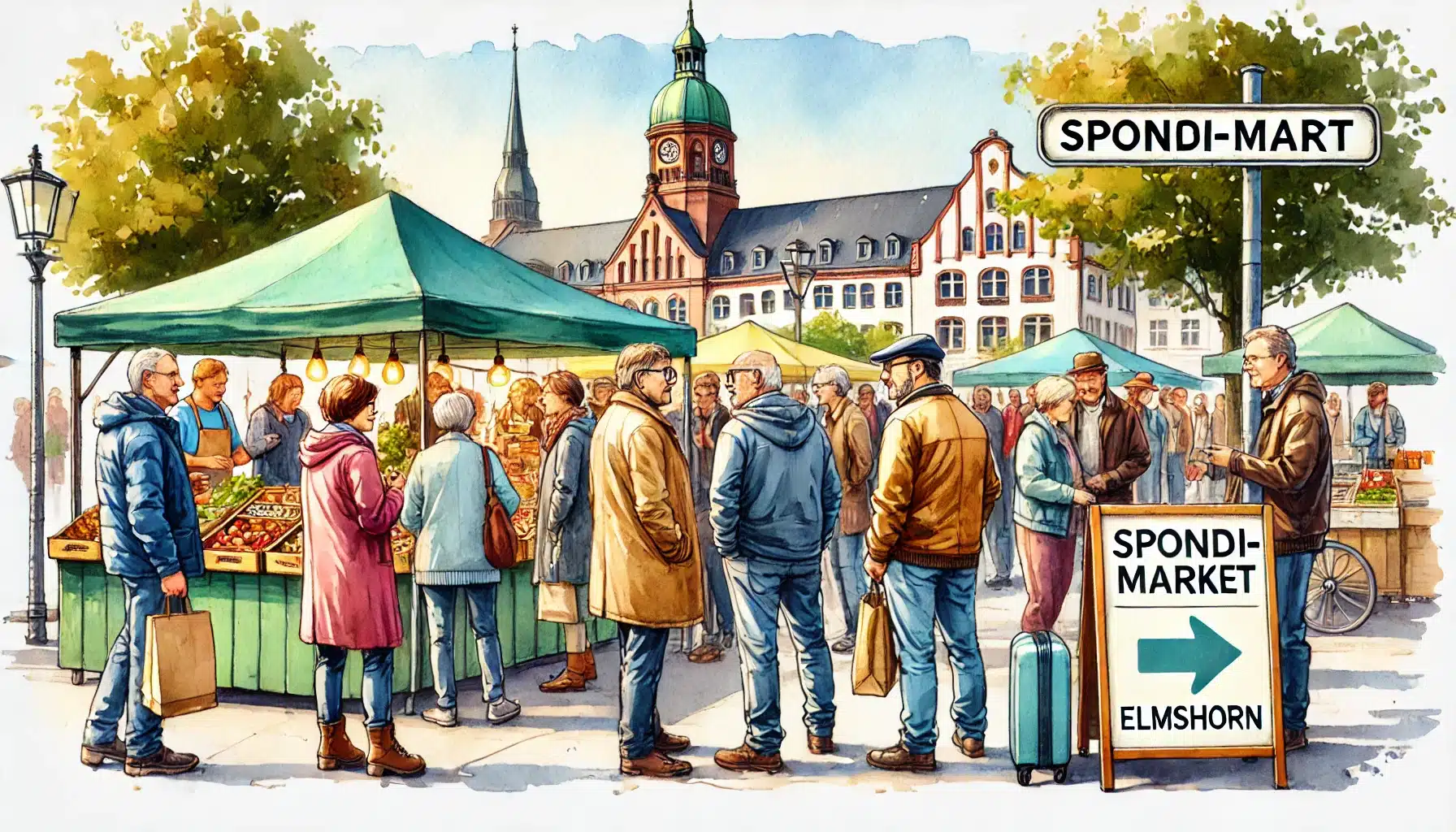 Belebter Spondi-Markt in Elmshorn mit Marktständen, Menschen und Infostand für Engagement-Projekte.