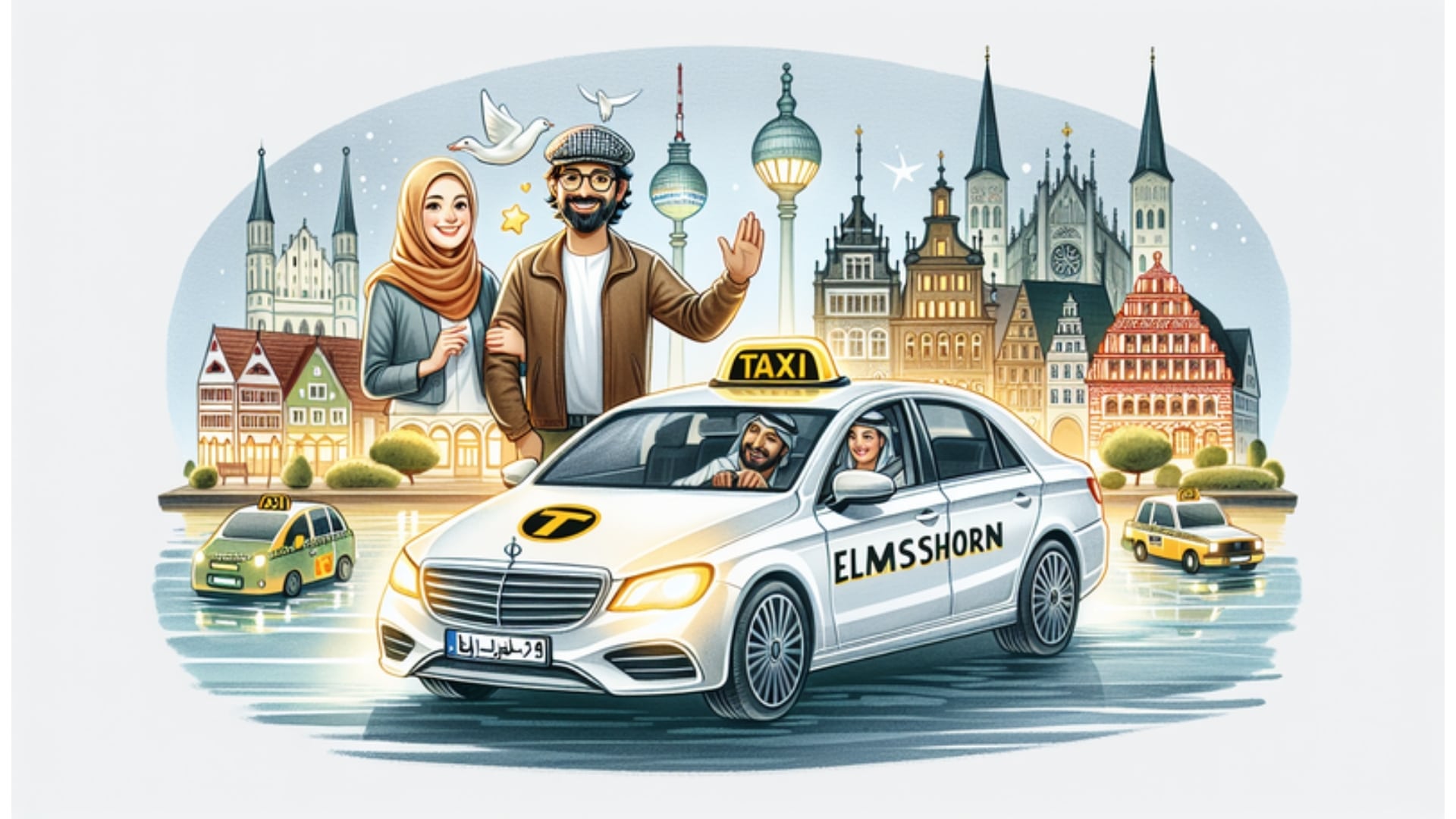 Elmshorn Taxi bei Nacht - 24/7 Verfügbarkeit für Einwohner und Besucher, moderne Taxiflotte, Stadtbild im Hintergrund