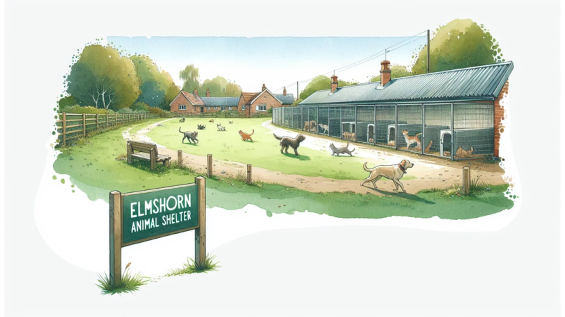 Aquarellbild eines idyllischen Tierheims in Elmshorn mit spielenden Hunden und Katzen, umgeben von grüner Landschaft.