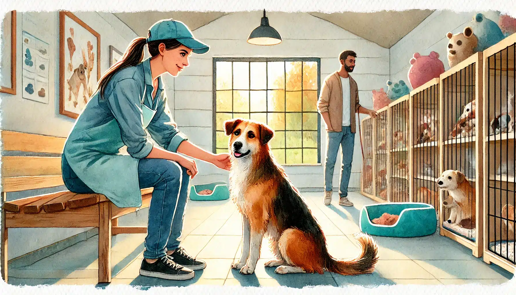 Ein Mitarbeiter des Tierheims Elmshorn stellt einer Interessentin einen Hund zur Adoption vor – verantwortungsvolle Hundevermittlung in Elmshorn.