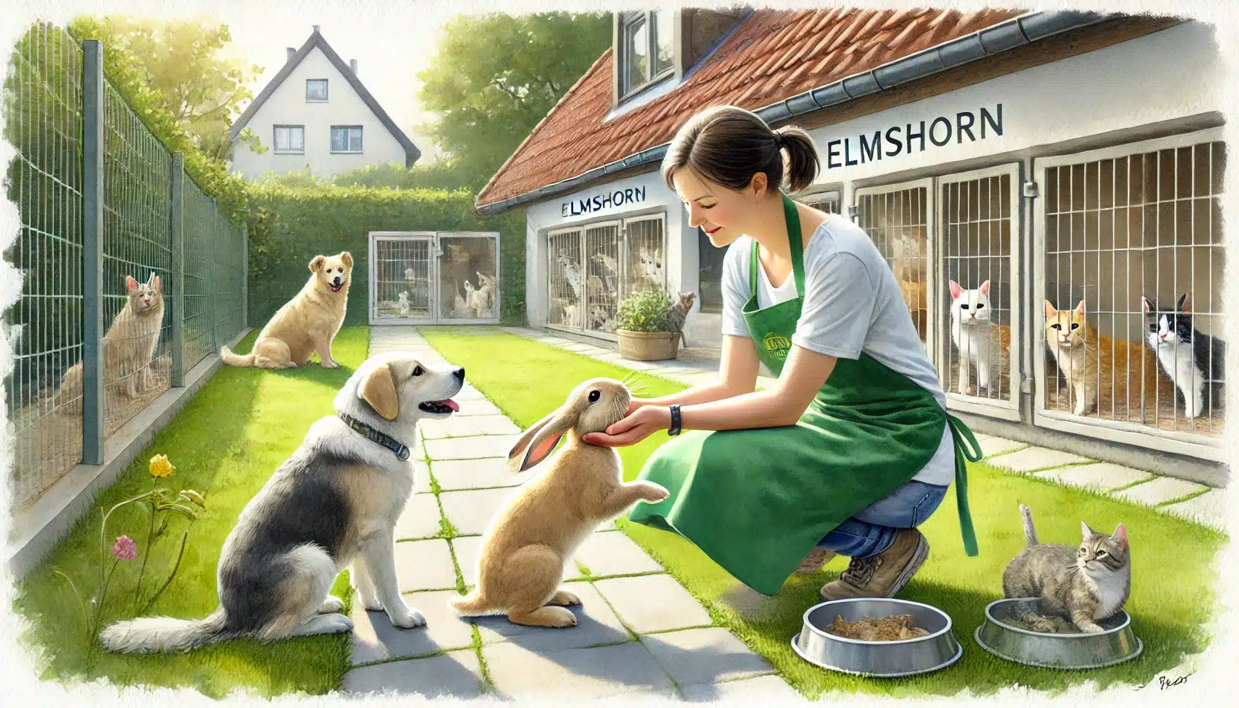 Tierpflegerin im Tierheim Elmshorn kümmert sich liebevoll um ein Kaninchen und einen Hund – verantwortungsbewusste Tierpflege und Adoption.