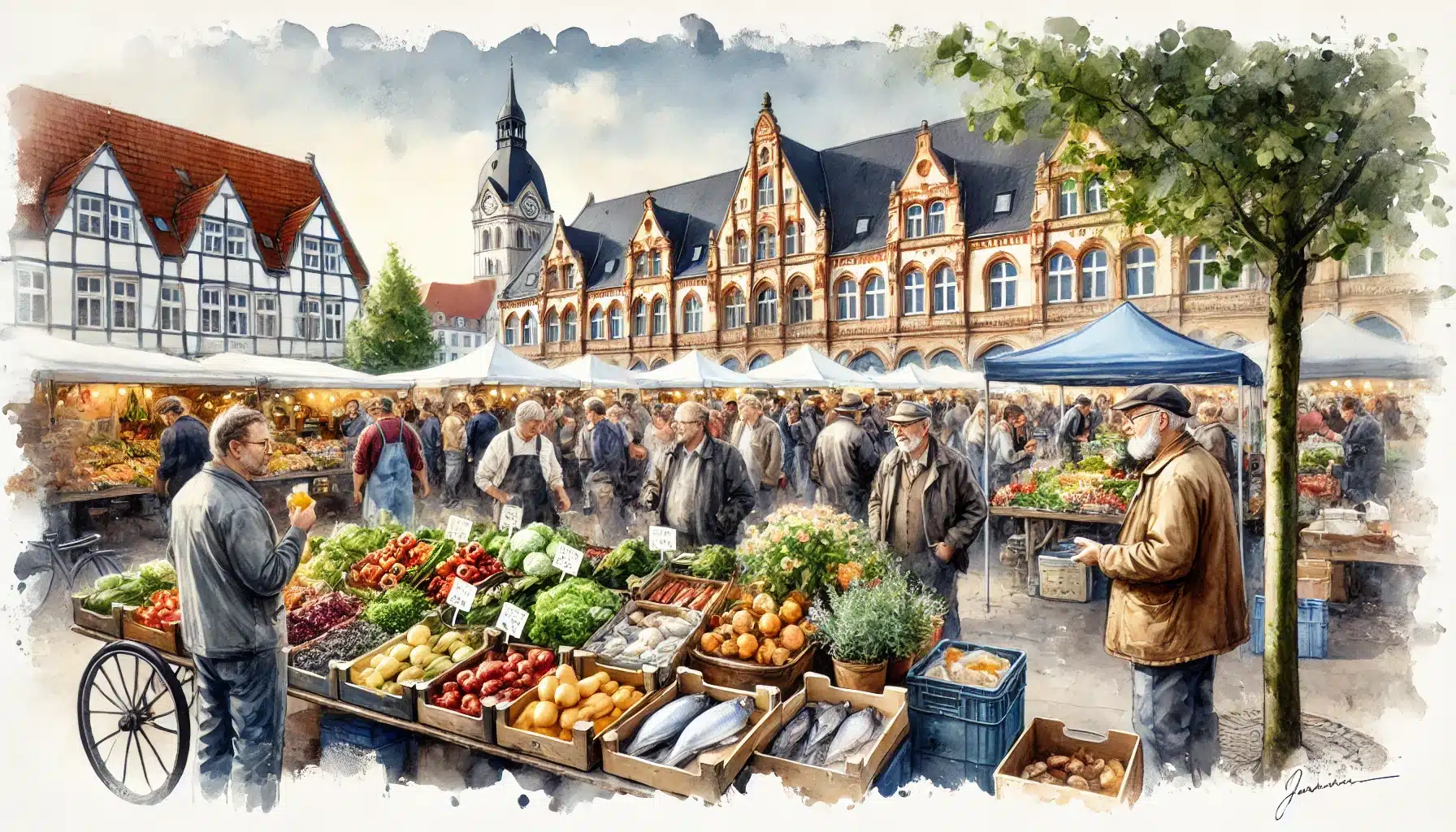 Traditioneller Buttermarkt in Elmshorn mit Marktständen, frischen Lebensmitteln und freundlicher Atmosphäre.