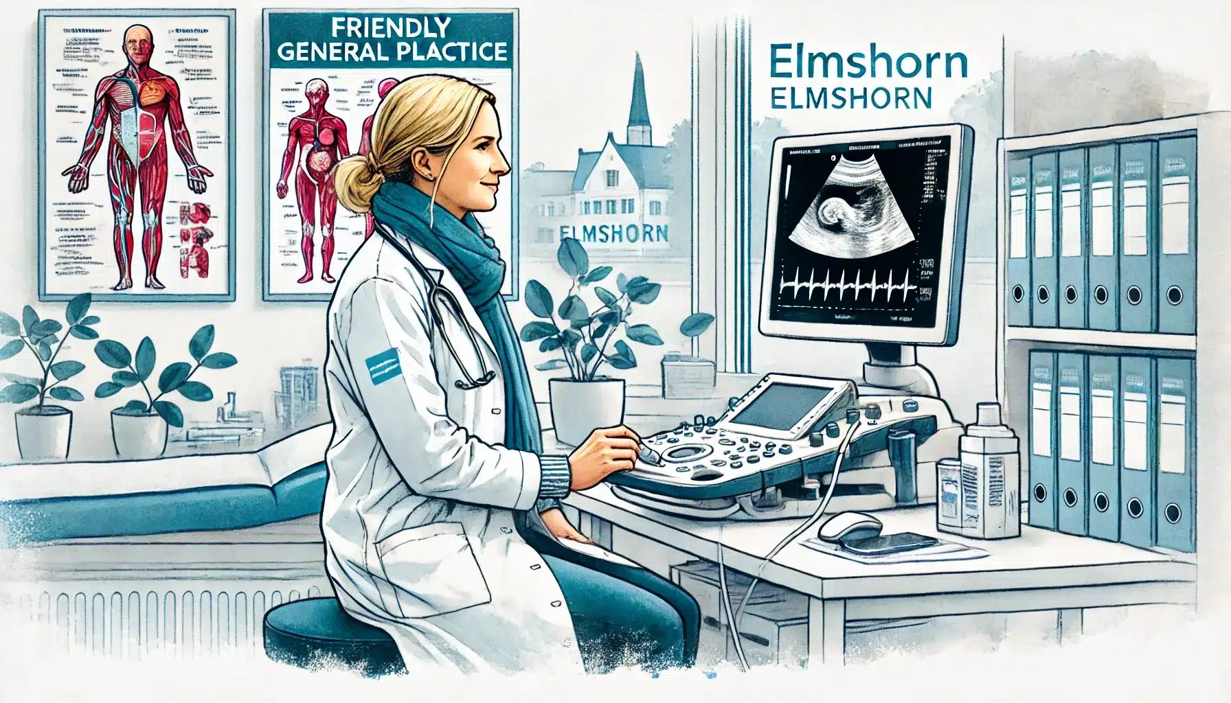 Hausärztin in Elmshorn führt eine Ultraschalluntersuchung bei einem Patienten in einer modernen Praxis durch.