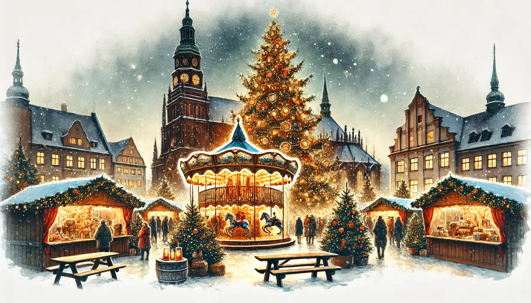 Weihnachtsmarkt in Elmshorn bei Nacht, beleuchtet mit einem großen Weihnachtsbaum, rustikalen Holzbuden und der St. Nikolai-Kirche im Hintergrund.